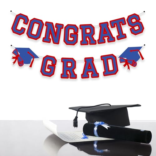 Image of Congrats Grad Banner Graduation Party Banner Decoration Hanging Garland High School College Backdrop Supplies Blue Red