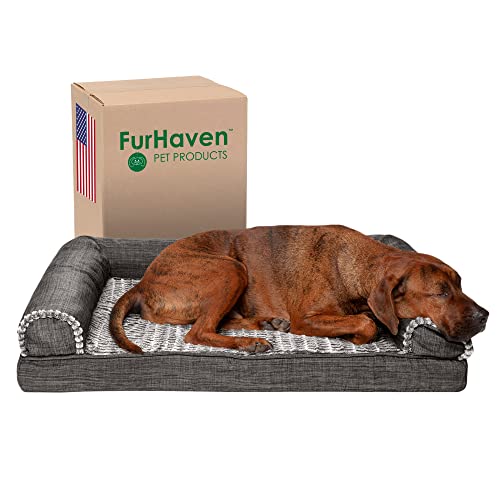 Furhaven Memory Foam Dog Bed for Large/Medium Dogs - Luxe Faux Fur & Performance Linen Sofa