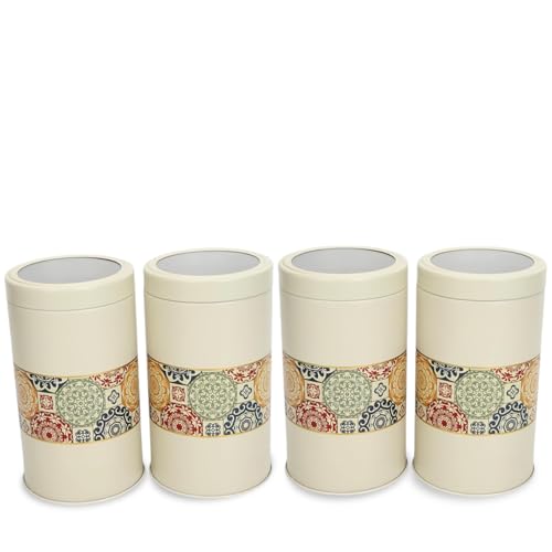 Image of Mandala Collection Airtight Kitchen Container Set| 1400ML- Set of 4| Food Grade Metal Jars for Rice, Atta, Besan & Flour Storage| Vacuum Lid, Rust Resistant| Beige Rangoli Canisters