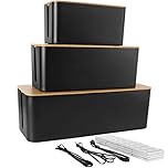 STARVAST Cable Management Box Set With Wooden Lid | 3 Black Large Desk Cable Tidy Boxes | TV Cable Wire Extension Box Organiser for Home Office | Large, Medium, Small
