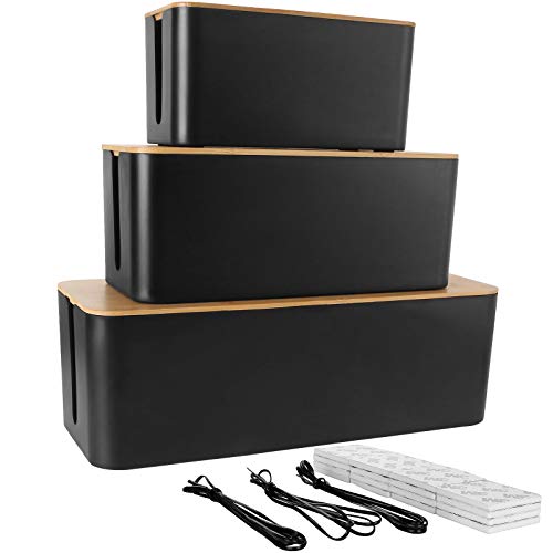 STARVAST Cable Management Box with Wooden Lid | Set of 3 Black Large Desk Cable Tidy Box | Large TV Cable Wire Extension Box Organiser Wire Tidy for Home Office | Large, Medium, Small