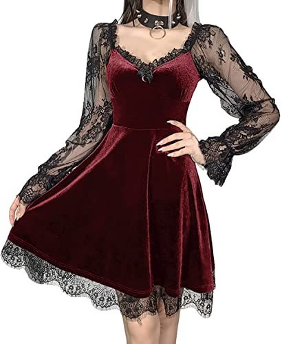 Damen Gothic Kleid A-Linie Punk-Print Kurzarm Swing Everak Cocktailkleid Lolita Drum Con Outfit, 1 x Rot, Medium
