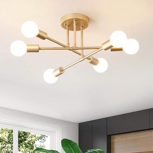 YHTlaeh Lampadario Soffitto Industrial Forma DIY Plafoniera E27 Moderno Lampada da Soffitto in Ferro Vintage per Camera da letto Soggiorno Cucina Corridoio (6T, Oro)