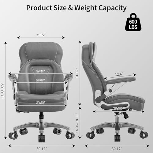 Image of Big and Tall Office Chair, 600lbs Heavy Duty Desk Chair with 5D Arms, Adjustable Lumbar Support & Height, Tilt Function, PU Leather High Back Ergonomic Executive Computer Chair