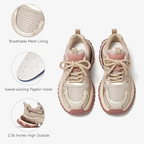 Image of BEAU TODAY Chunky Sneakers for Women, Womens Fashion Sneakers, Lightweight Leather Sneakers for Women, Comfortable Casual Lace-Up Breathable Dad Shoes