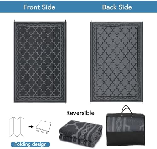 Garvee Morocco Outdoor Rug for Patio 8'x10', Waterproof Plastic Straw Rugs for Picnic, Portable Reversible Mat for RV, Geometric Camping Carpet for Balcony Backyard Deck,Black & Grey — view 2