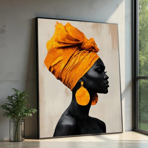 Toile femme africaine foulard orange décoration murale ethnique cadre 30x40 XINBAO