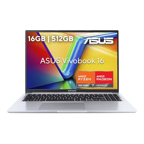 Laptops, Personal Computer ASUS Laptop Vivobook 2024/D1605YA/AMD Ryzen 7 Serie 7000/16GB RAM/512GB SSD/Pantalla F-HD 16'/Resistencia Grado Militar/Antibacterial Guard/Apertura...