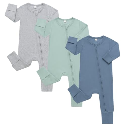 Image of Bafeicao 3 Pack Baby Boy Girl Rompers with Mitten Cuffs, Ribbed Cotton 2 Way Zipper Romper One Piece Jumpsuits Clothes