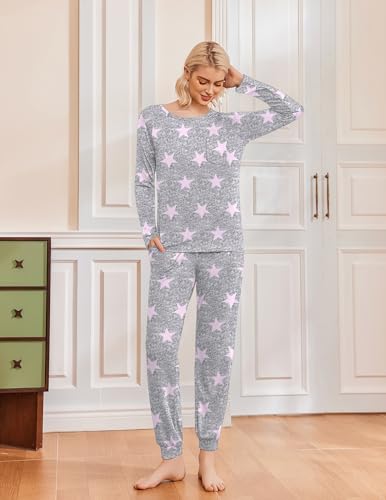Image of Ekouaer 2 Pack Womens Pajama Sets Long Sleeve Pjs Soft Comfy Lounge Set
