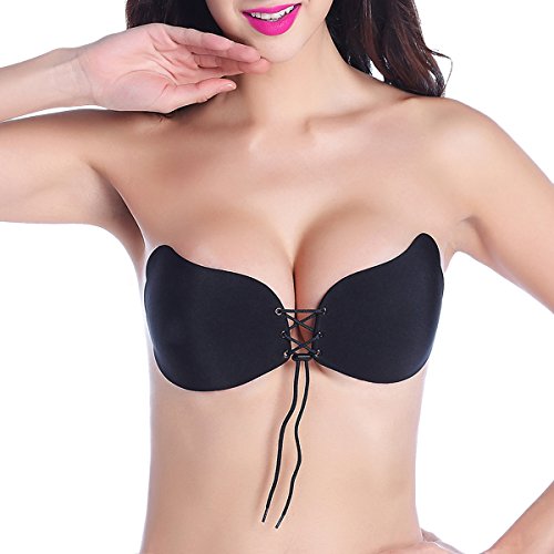 TinTop Soutien-Gorge Push Up Femme Autoadhésifs sans Bretelles Dos Nu Sexy V Profond Silicone Réutilisables Adhésive Antiglisse Invisible Bra avec Drawstring (Noir)