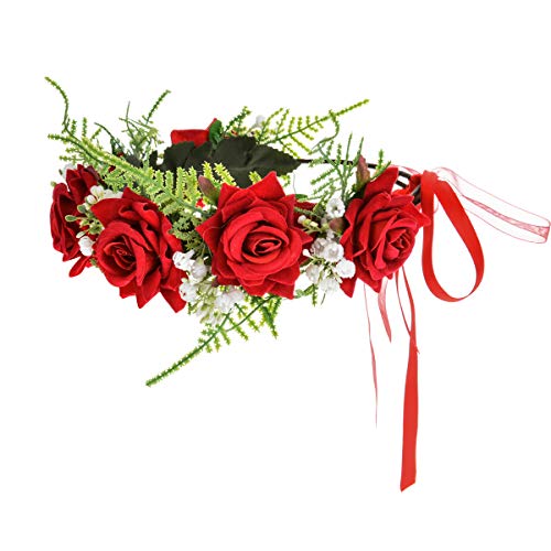 Floral Fall Adjustable Greenery Rose Bridal Flower Headband Maternity Photo Shoot Hair Wreath Halo Fl-21 (Red) #TOP1