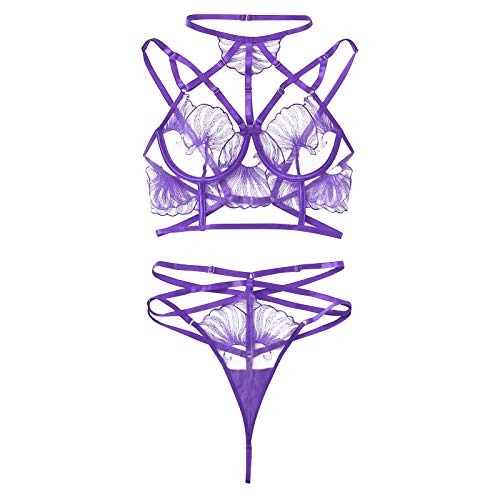 Ensemble de Lingerie Sexy jarretière 3 pièces pour Femmes Taille Haute Lingerie Porte Jarretelle Push Up Brodé Bretelles Bas à Armatures Creux Soutien-Gorge Culotte Ensemble (Purple, L) Cover