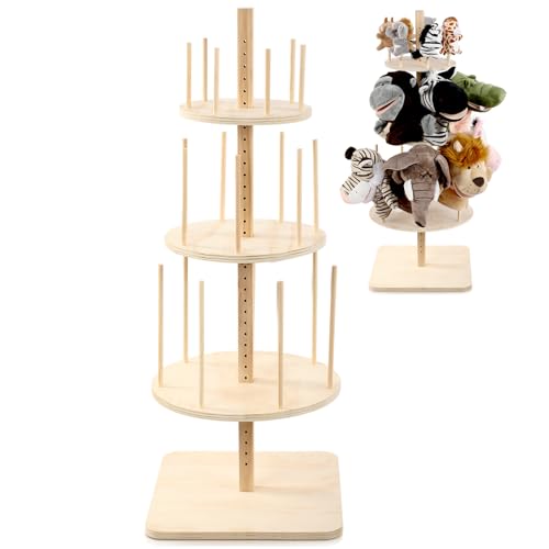 AceOrbit Puppet Stand for 18 Puppets 30 Inches Education Wooden Tree 3 Layer Display Doll Holder Storage Rack for Classroom