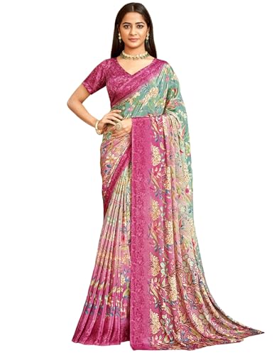 Image of SIRIL Women's Silk Crepe Floral Printed Saree With Unstitched Blouse Piece