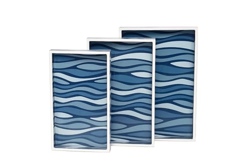 Image of Wooden Enamel Coated Serving Tray Set of 3 for Home Decor Multipurpose Rectangular Trays for Kitchen Living Room and Coffee Table with Printed Design (Ocean Blue Wave)