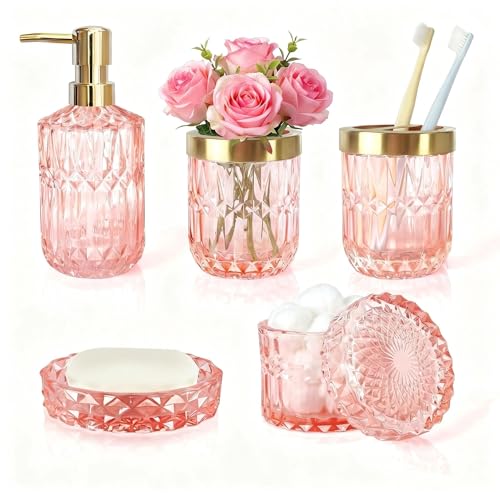 LaMarriti 5pcs Pink Bathroom Accessory Set, Clear Glass Bathroom Set,
