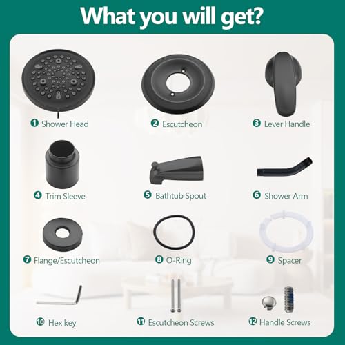 Replacement Bathtub Faucet Trim Kit for 1300/1400 Series, 9-Setting High Pressure 5.5" Round Rain Shower Head& Handle Set, Matte Black(Valve& Catridge Not Inclued) by Ultrimkit - Used condition - Image 7