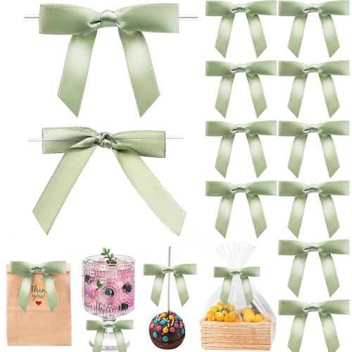 MAKINGTEC 30 Pcs Satin Ribbon Bows with Twist Ties for Gift Wrapping, Party Favors, Treat Bags, Wedding Decorations - 2.5" Premade Bows for Easy DIY Projects (Green)