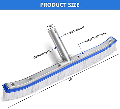 Image of Flaner Swimming Pool Wall and Tile Brush,18 inch Polished Aluminum Back Cleaning Brush Head Designed for Cleans Walls, Tiles & Floors,Durable Nylon Bristles Pool Brush Head with EZ Clips