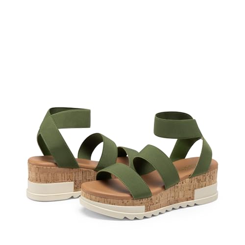 DREAM PAIRS DREAM PAIRS Women's Open Toe Elastic Ankle Strap Casual Flatform Platform Wedges Sandals,Size 10,Army Green,REED-1