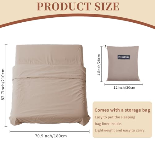 MongByYa Sleeping Bag Liner Lightweight Compact Sleeping Bag Sack Portable Clean Travel Sheet Camping Sleep Sheet for Backpacking Hotel Hiking (Light Khaki, 82.7” X 70.9”)