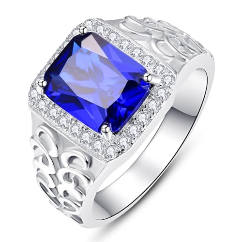 Image of Bonlavie Men's Signet Rings with Sapphire Stones Jewelry for Weddings High Polished Silver Vintage Pattern Design Solitaire Engagement Ring Size S