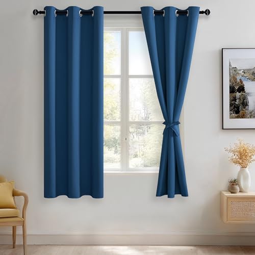 JIUZHEN Blackout Curtains with Tiebacks-Thermal Insulated, Light Blocking and Noise Reducing Grommet Curtain Drapes for Bedroom/Living Room, Set of 2 Curtain Panels, 42x63 Inch Length, Classic Blue