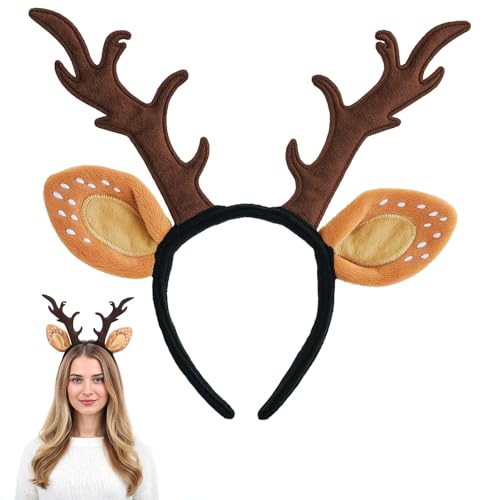 Grevosea Deer Antlers Headband, Deer Costume for Women Adults Christmas Headband Brown Christmas Antlers Reindeer Ears Headbands Cosplay Costume for Women Holiday Hair Accessories