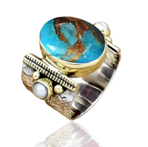 10x14 MM Oval Gemstone Solid 925 Sterling Silver Two Color 15MM Wide Band Ring with Tiny Freshwater Pearl Accents for Women Gift