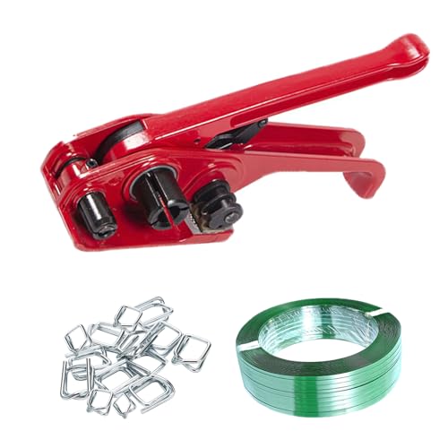 Manual Strapping Device Umreifungsband Set 13-19 Mm,Manuell Umreifungsgerät Komplettes Set,Enthält Zubehör: 250m Flexibles Polyesterband + 100 Metallverschlüsse,Für Palettenverpackungen Usw.