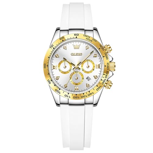 Image of OLEVS Women Dress Watches Two Tone Diamond Quartz Wristwatch, Silicone Waterproof Luminous Day Date Ladies Chronograph Gift Watch
