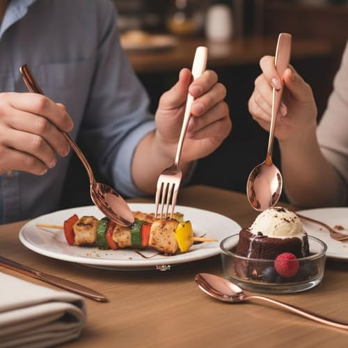 Image of 12-Pcs. Rose Gold Cutlery Set - Luxury Stainless Steel Flatware Service for 6 with 6 Dinner Spoons & 6 Dinner Forks - Titanium PVD Coated Mirror Finish - Dishwasher Safe Silverware