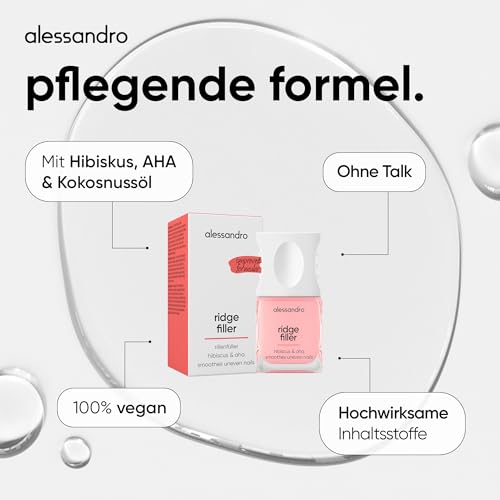 alessandro Ridge Filler - Nagelpflege Lack & Rillenfüller für glatte Nägel - Mit Hibiskus, AHA & Kokosnussöl - Pflegender Nagellack mit transparentem Glanzeffekt - Ohne Talk - Vegan - 10ml