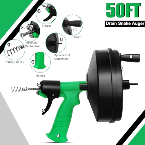 Image of 50 Ft Drain Snake, Fast Unclog Snake, 1 /4 Inch, Green | Manual & Electric Plumbing Snaker for Shower Sink, Toilet and Kitchen, Drain Auger 50 ft Comes with Gloves and Bag