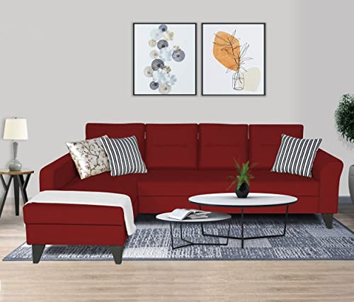 Image of Adorn India Maddox Tufted L Shape 5 Seater Sofa Wood Sofa Set LHS (Maroon) (3 Year Warranty)