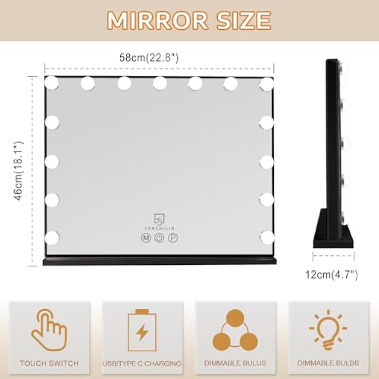 FENCHILIN Vanity Mirror with Lights 22.8''x 18.1'', Hollywood Lighted Mirror with Dimmer Bulbs, Vanity Makeup Mirror Smart Touch Control, Tabletop, Black
