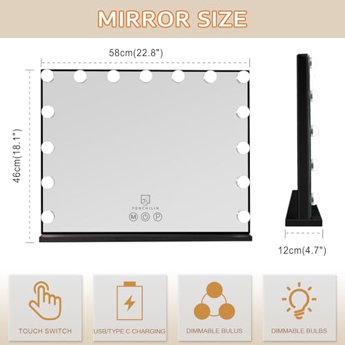 FENCHILIN Vanity Mirror with Lights 22.8''x 18.1'', Hollywood Lighted Mirror with Dimmer Bulbs, Vanity Makeup Mirror Smart Touch Control, Tabletop, Black by FENCHILIN - Image 5
