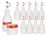 10 frascos dosificadores de 100 ml muy estables, resistentes a los productos químicos y a la rotura, hechos de plástico LDPE blando y resistente.