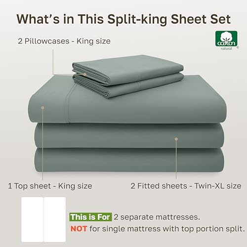 Image of California Design Den Split King Sheet Set - 100% Cotton, 600 Thread Count, Breathable Luxury King Size Sheets for Adjustable Bed, Luxury Hotel-Quality Sheets, Soft Sateen (Sage Green - Cool Tone)