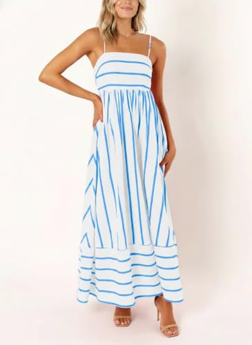 Image of chouyatou Women's Striped Back Smocked Maxi Dress Sexy Spaghetti Strap Cut Out Flowy Swing Long Dress