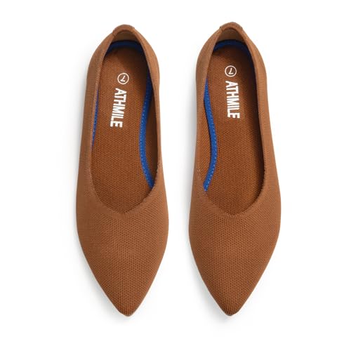 ATHMILE Pointed Toe Flats for Women Dressy Brown Work Shoes Business Casul Knit Ballet Flats Slip on Office Ladies Comforttable Dress