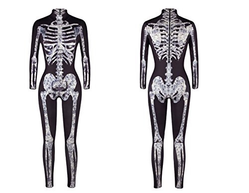 URVIP Women Halloween Skeleton Costume Stretch Skinny Catsuit Jumpsuit Bodysuit