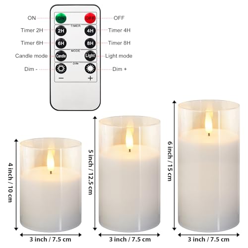 Image of Glass Flameless Candles with Remote Battery Operated Flickering LED Pillar Candles Real Wax Wick Φ 3 inch H 4 inch 5 inch 6 inch (Clear White)