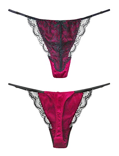 SilRiver Tanga de encaje de seda para mujer, sexy, espalda en T, con satén suave, Rosa Violeta, S-M