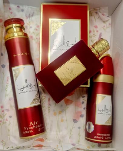 Set de Regalo Perfumes Arabes, Perfume 100ml, Ambientador 300ml y Desodorante 300ml, Caja de Lujo, Rojo y Dorado