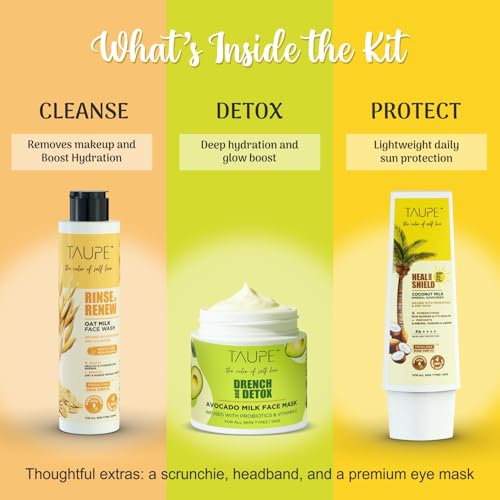 Image of Taupe Self-Love Glow Kit | Oat Milk Face Wash (100ml), Avocado Mask (100g) & Coconut Sunscreen (100g) | Hydration, Radiance & Sun Protection | For Women & Men