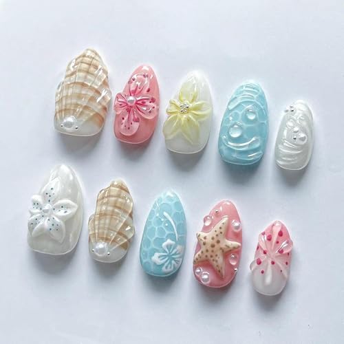 Luxury Ocean Press On Nails Set, 3D Shell Jellyfish Starfish
