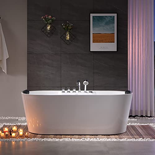 Empava 67 In. Acrylic Freestanding Tub Hydromassage Gracefully Oval Shaped Whirlpool 8 Water Jets Soaking Spa, Double-Ended Massage Bathtub With 2 Pillows , White #TOP3
