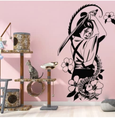 Japonais Geisha Avec Catana Fleurs Dragon Autocollants Anime Vinyle Stickers Muraux Chambre Maison Décoration Garçons Filles Chambre Poster42X70 CM